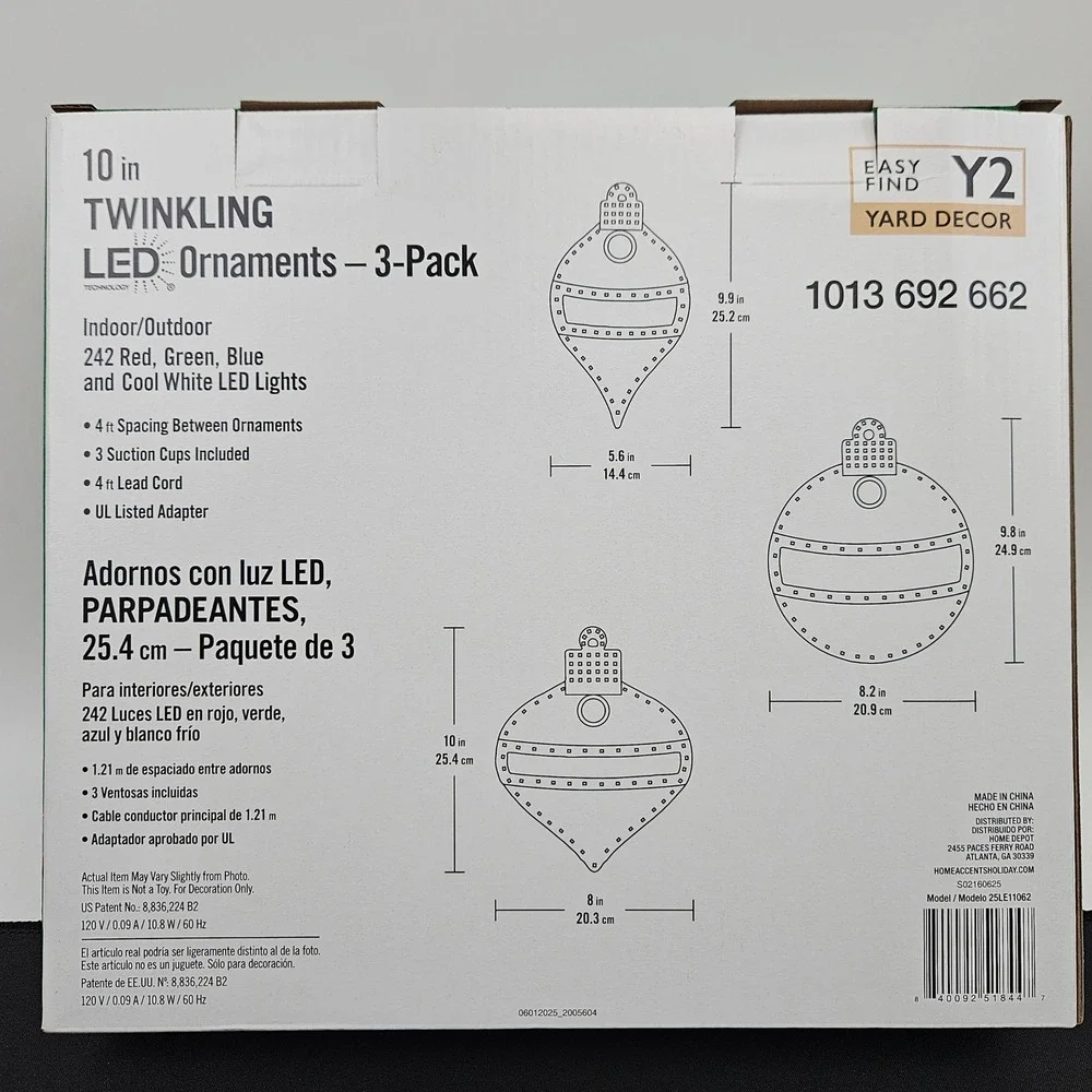 Home Accents‎ Holiday 10 in Twinkling LED Ornaments 3 Pack Yard Decor New